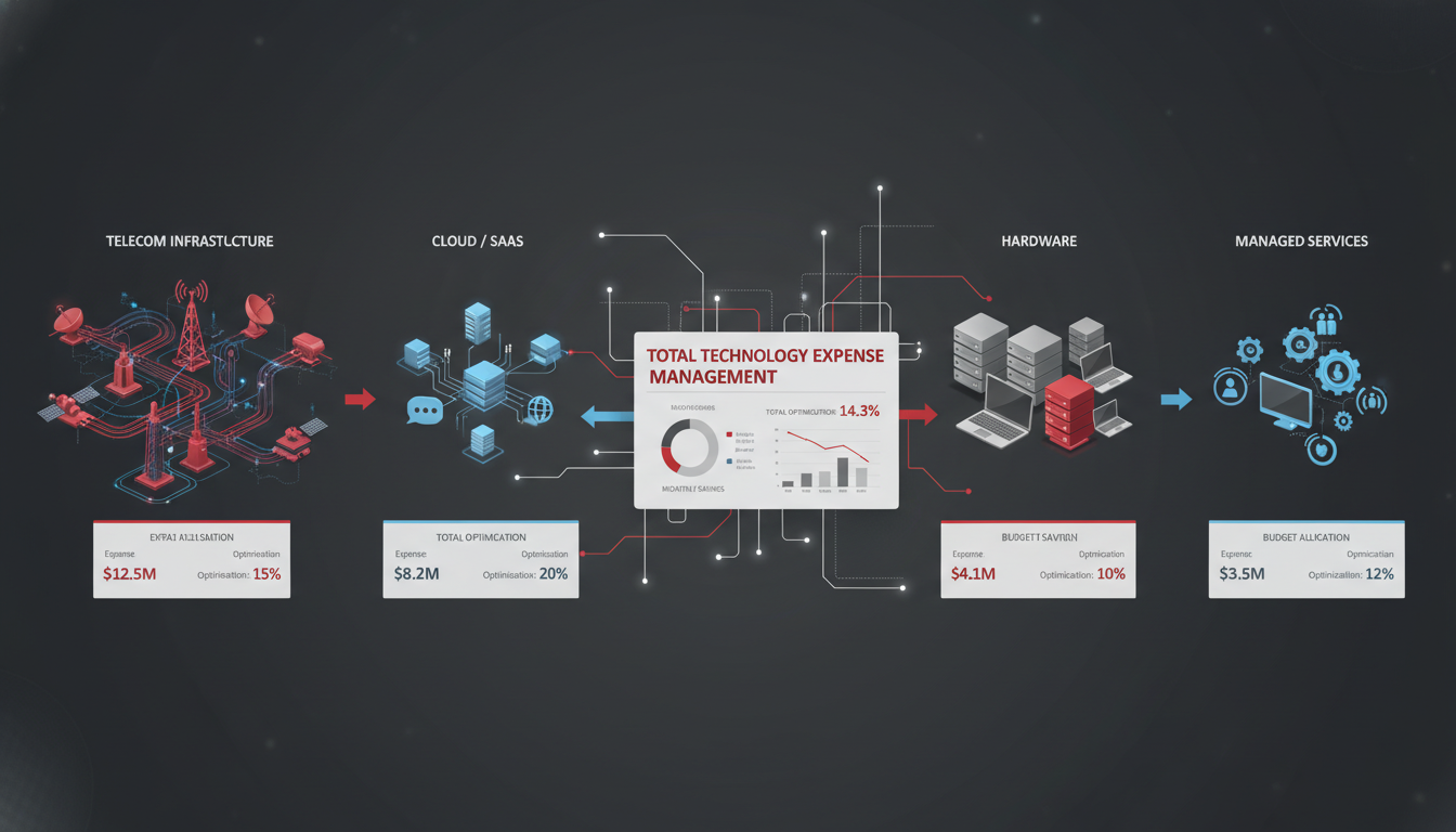 Technology Expense Management Dashboard showing cost optimization across telecom, SaaS, cloud, and hardware categories